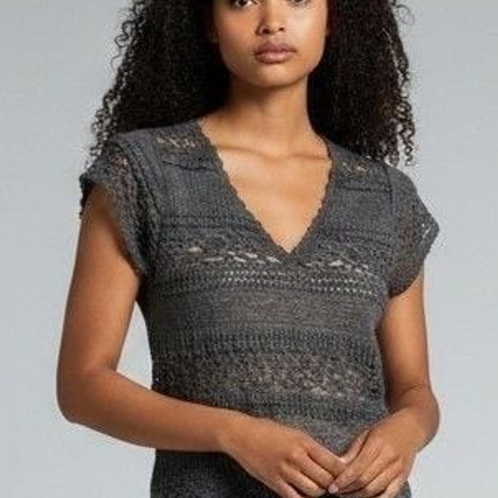 POL V-Neck Short Sleeve Lace Top UKT689 Charcoal Gray